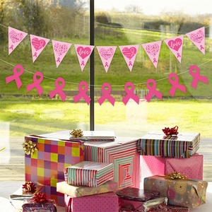 Pink Breast Cancer awareness party banner with Hope and Love text in a sunny garden setting