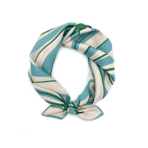 Detailed view of folded striped silk scarf with navy blue, forest green and beige bands