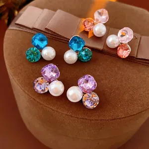 Triangle Cluster Stud Earrings With Artificial Crystal Faux Artificial Pearl Silver Earring Post Light Luxury Palace Style Women