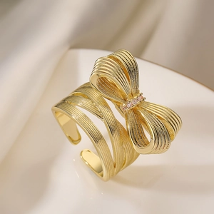 Bow Ring Copper Plated 18K Gold With Pink Zircon Brushed Texture Adjustable Open Design Niche Fashion Jewelry For Women
