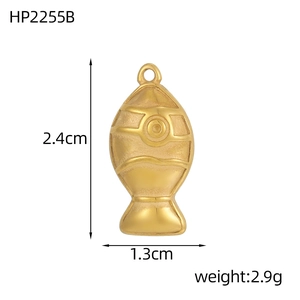 Detail view of a gold-plated fish pendant with dimensions of 2.4cm by 1.3cm
