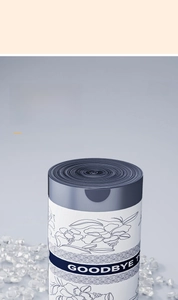 Detail of thickened PE drawstring garbage bags with blue floral pattern and smooth texture