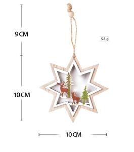 Detailed size and weight view of wooden hollow star Christmas ornament with reindeer decor
