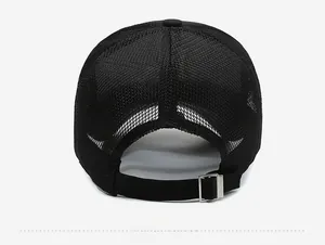 Detail view of the breathable mesh back and adjustable metal buckle on black baseball cap