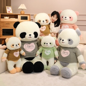 Large panda plush toys in colorful heart sweaters from small to big sizes