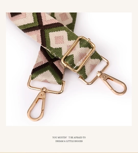 Close-up of geometric diamond weave pattern and golden alloy lobster clasp on shoulder strap