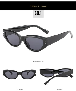 Detail views showing the front and back of black cat eye sunglasses with metal accents