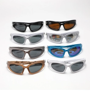 Eight pairs of cyberpunk Y2K sunglasses in various frame colors arranged on a white background