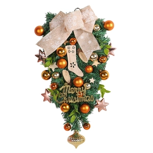 Christmas upside down teardrop wreath with gold balls, bows and Merry Christmas sign