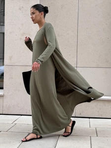Detailed view of army green knitted long maxi dress and matching long cardigan set