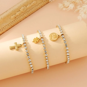 Stainless Steel Tennis Bracelet Sparkling Rhinestone Cross Four-Leaf Clover Coin Pendant Adjustable Unisex Jewelry