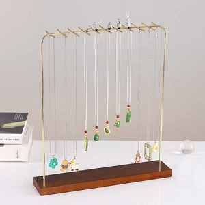 Necklace Display Stand Jewelry Organizer Rack With Wood Base Metal Double Row Hooks Nordic Minimalist Home Decor