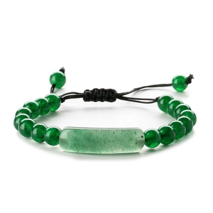 Green stone bead bracelet with a rectangular centerpiece and adjustable black braided cord