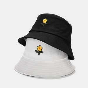 Cotton Canvas Embroidered Yellow Flower Bucket Hat For Women Outdoor Sun Protection Summer Fashion Casual