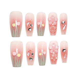 Pink gradient ballerina press-on nails with hand-painted tulips and sparkling rhinestones