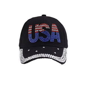 Black USA rhinestone baseball cap with sparkling crystal letters and brim for street style