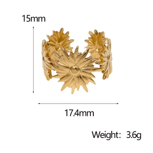 Detail view of sunflower ring with dimensions 15mm height and 17.4mm width