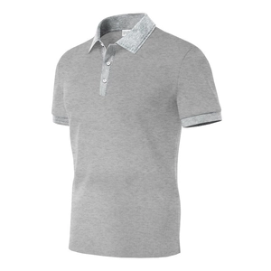 Detailed view of grey men's polo shirt featuring a three-button placket and knit collar