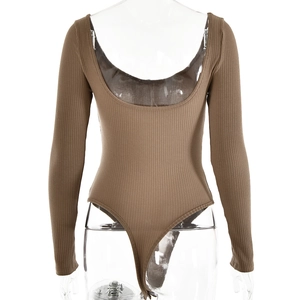 Detailed back view of a brown ribbed long sleeve bodysuit with a deep U-shaped open back
