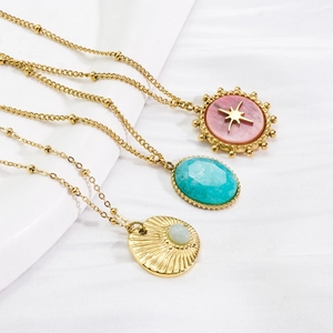 Collier en acier inoxydable doré 14K avec pendentifs étoile, pierre rose et turquoise
