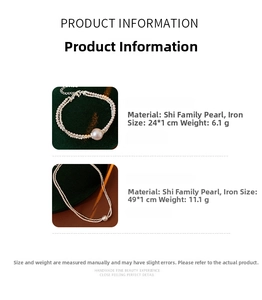 Detail specifications of pearl bracelet and necklace set showing weight and dimensions