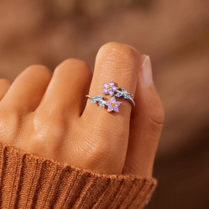 Minimalist s925 silver flower and leaf open ring with purple and blue gemstones