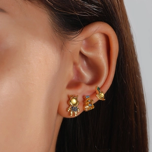 Chic gold-plated cartoon bear and astronaut stud earrings featuring blue zircon inlays