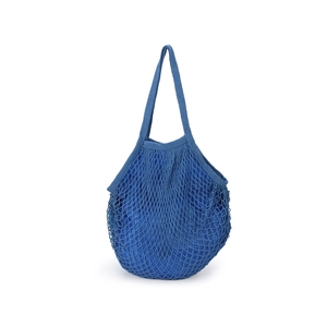 Detail showing the blue cotton woven net bag with a wide handle and hollow mesh texture