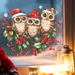 Christmas Window Clings Cute Owls On Branch PVC Static Sticker Removable Glass Decals For Home Holiday Festive Decor