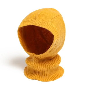 Detailed texture of thick yellow knitted yarn on the integrated winter hood scarf