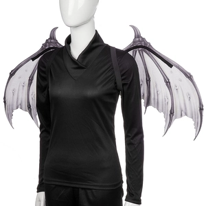 Detailed back view of foldable black and white devil wings for Halloween cosplay