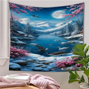 Detailed close-up of moonlight snow mountain tapestry with cherry blossoms and swans