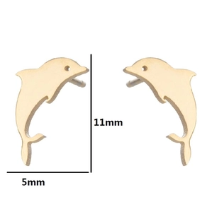Detailed size view of golden dolphin stud earrings measuring 11mm height and 5mm width