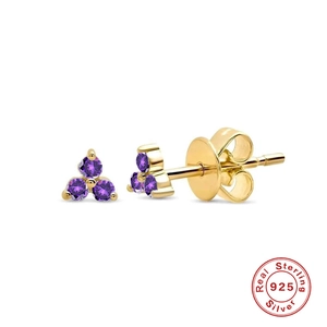 Detail view of S925 sterling silver clover stud earrings with purple crystals and gold plating
