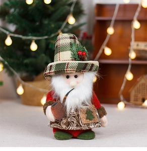 Detailed view of Santa Claus doll with plaid hat, white beard, and smoking pipe accessory