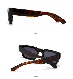 Detail view of square tortoiseshell sunglasses showing side and back frame texture