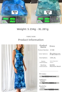 Detailed fabric chart and weight specs for a sleeveless floral print slim fit maxi dress
