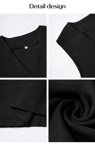 Detailed design of black V-neck vest showing fabric texture and reinforced hem stitching