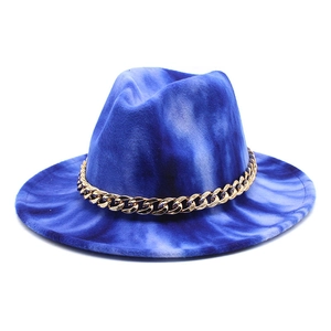 British style blue tie-dye fedora hat for women and men with gold metal chain decor