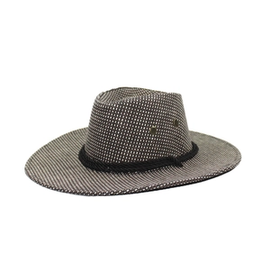 Western plaid straw cowboy hat with wide brim and decorative rope for sun protection