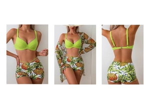 Dreiteiliges Bikini-Set mit neongrünem Oberteil, Ananas-Print Hose und langärmeligem Cover-up