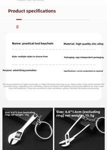 Detailed view of zinc alloy tool keychain with measurements for wrench and pliers