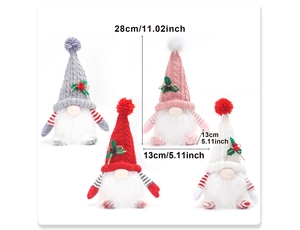 Set of four plush Christmas gnomes with knitted hats and detailed size dimensions