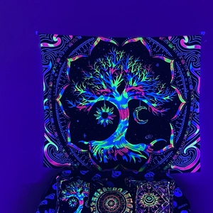 Glow in the dark life tree tapestry and pillow set with mandala under blacklight