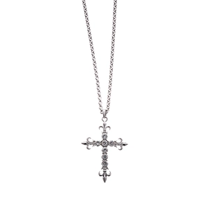 Silver cross necklace with fleur-de-lis ends and sparkling crystals on white background