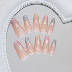 Rainbow gradient cat eye press-on nails with silver glitter and white French tips