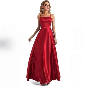 Elegant red satin evening gown with adjustable spaghetti straps and side slit