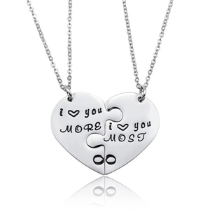Polished silver heart puzzle necklace for couples with engraved sentimental text
