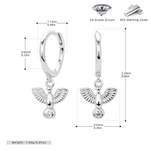 Detailed dimension guide of S925 sterling silver peace dove earrings with zircon