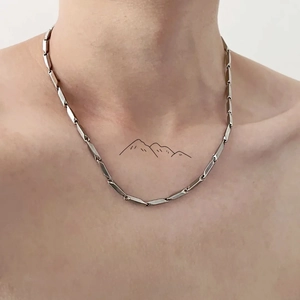 Men's titanium steel link chain necklace featuring a minimalist silver rectangular design